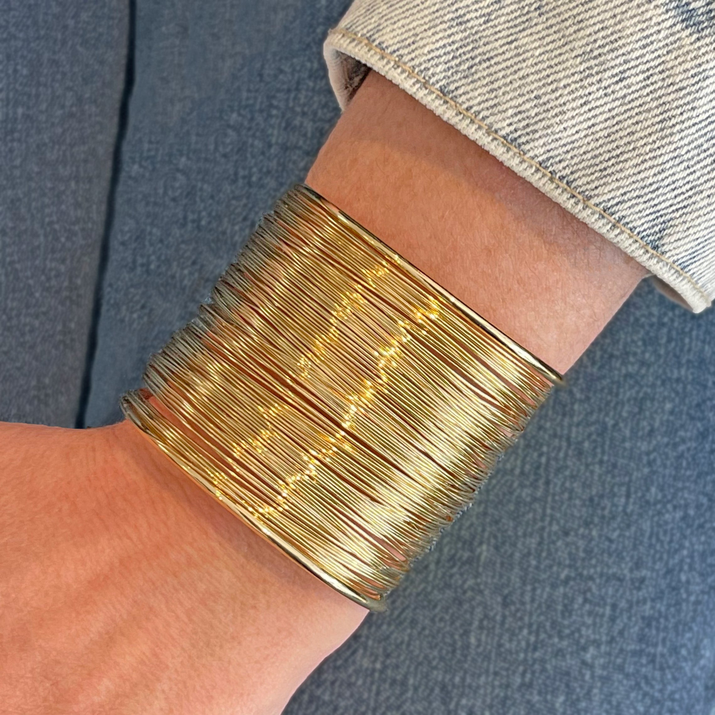 Open Wire Cuff Bracelet  14K Yellow Gold Plated 2.05" Height  2.30" Length x 2.20" Width Diameter 1.00" Opening