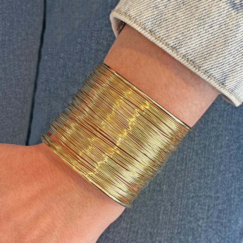 Open Wire Cuff Bracelet  14K Yellow Gold Plated 2.05" Height  2.30" Length x 2.20" Width Diameter 1.00" Opening