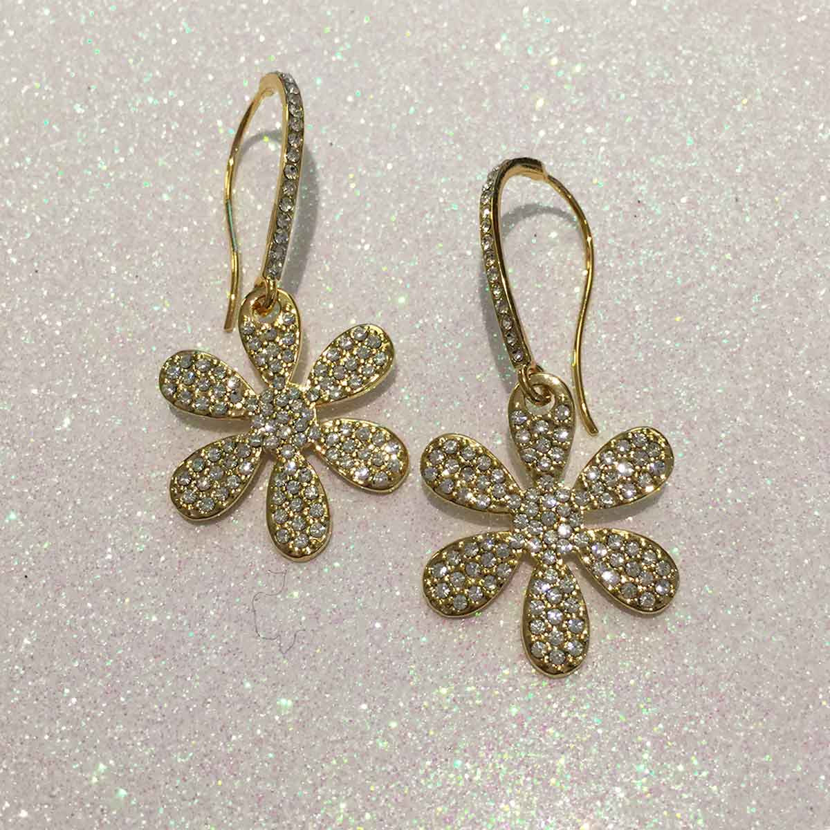 Yellow Gold Plated Pave Faux Diamond Daisy Drop Earrings • 1 3/4" L x 1"   • Pictured against glitter background