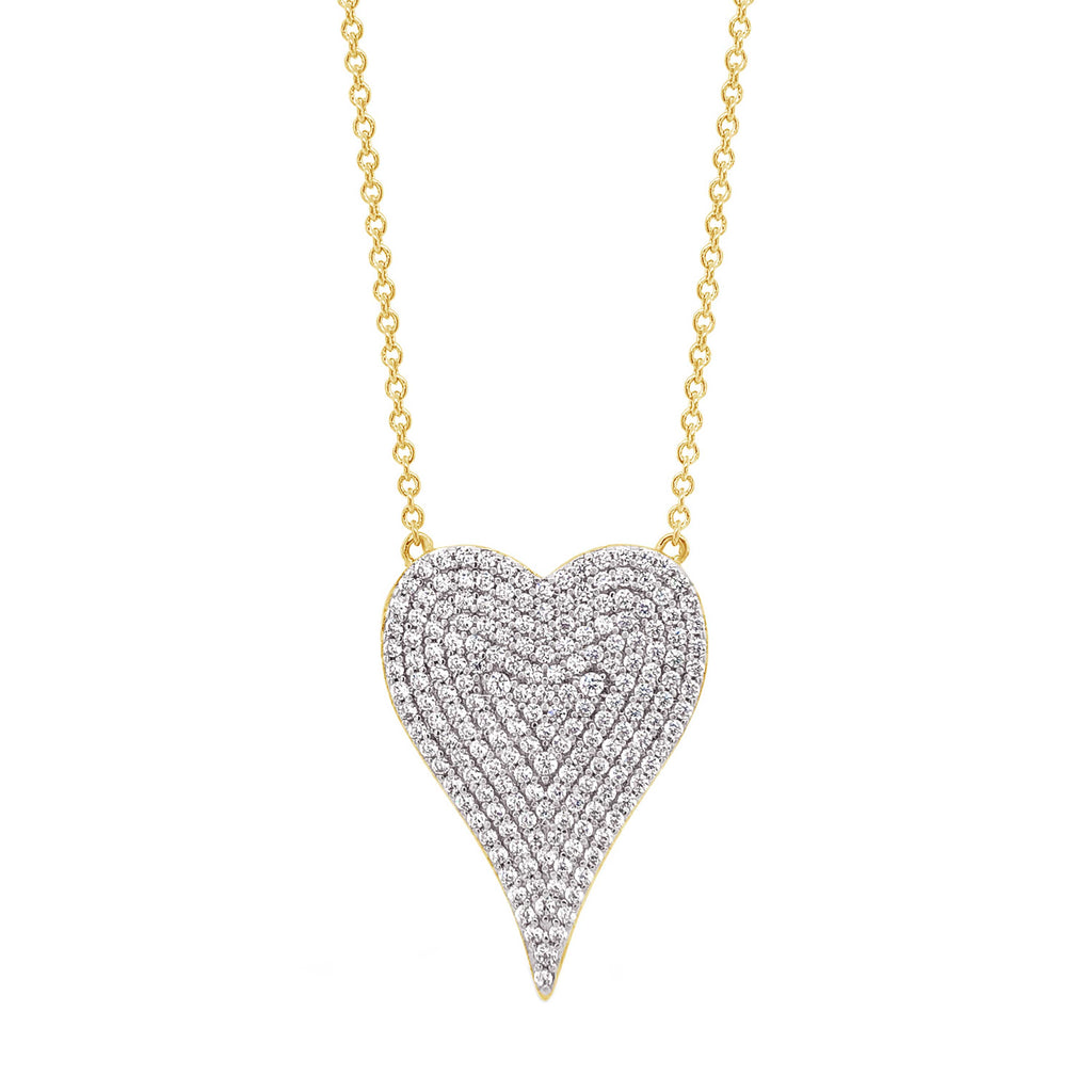 Pave CZ Heart Necklace  Yellow Gold Plated Chain The front of the heart is white gold plated Heart: 1.0" Length X 0.7" Wide Chain: 16-18" Length
